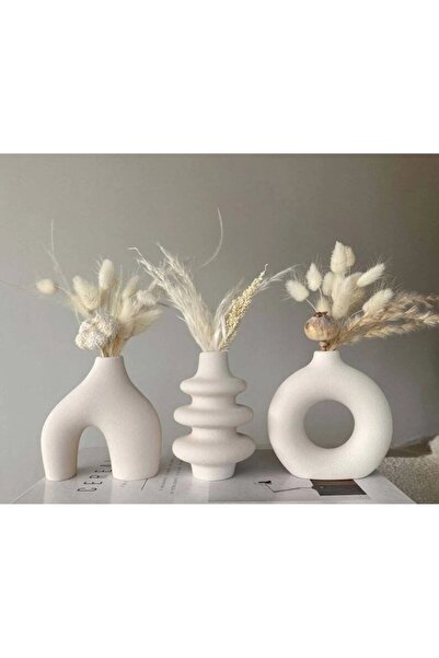 3'lü Bohem Dekoratif Taş Tozu Vazo Seti 10 cm - Minimalist Modern Ev Dekoru - Pampas Vazosu