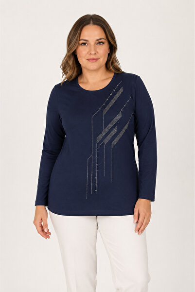 bihan store Women's Round Neck Long Sleeve Sparkling Stone Detailed Combed Co...