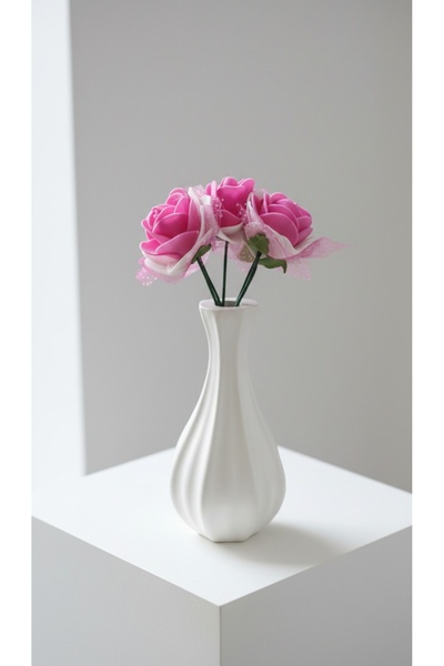 GLRHOME El yapımı küçük boy taş vazoda 5 dallı yapay pembe gül 22.5cm