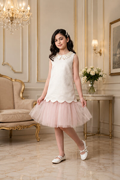 Al Farasha Girls Pearl Tulle Party Dress - Light Pink (فستان بناتي تول مزين ب...