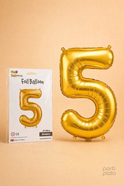 He2 Balloons Gold Folyo Balon 5 Rakamı 86 cm, Helyum Uyumlu Altın Renk 5 Yaş ...