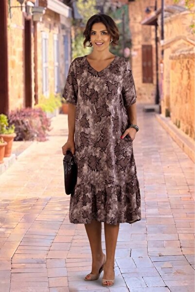 Nevin Kaya Moda V14-Brown Leaf Patterned Skirts Ruffle Dress
