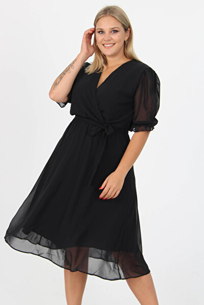 XXL BUTİK Women's Black Lined Chiffon Dress with Tie Detail Plus Size X-Btq064