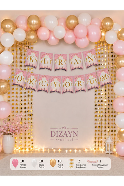 Dizayn Parti Evi Kuran Okuyorum Banner Duvar Süsü Seti – 10 Pembe, 10 Beyaz, ...