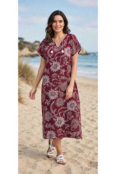 Şile bezi baskılı kısa kol elbise çınar desen %100 cotton