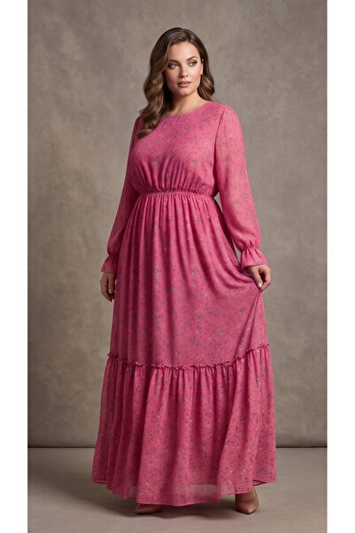 gökçesu Women's Plus Size Long Sleeve Lined Flowy Flounce Maxi Long Chiffon D...