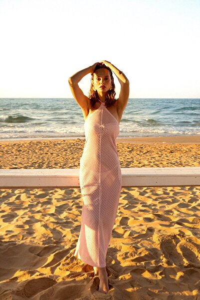 Antioch Pink Halter Neck Openwork Long Dress