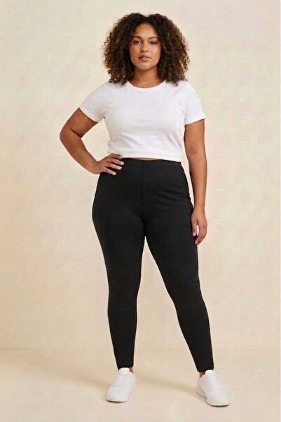 enmodaiçgiyim Women's Black Plus Size High Waist Cotton Lycra Gathering Long ...