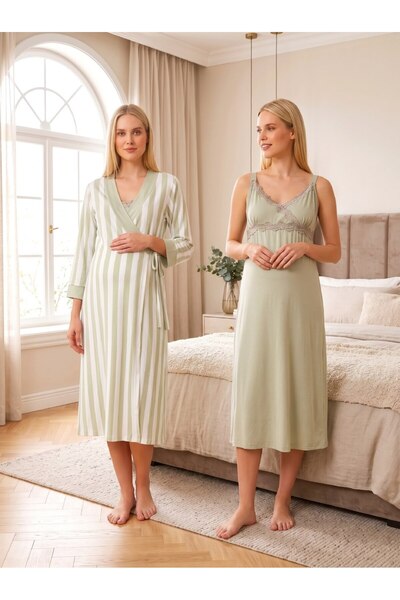Lohusa Homewear New Season Green Striped Lace Detailed Design with Nursing Fe...