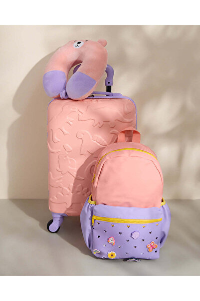 REDTAG Kids Pink Dino Trolley Backpack And Neck Pillow Set