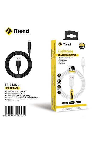 itrend Cablu USB-A la Lightning iTrend, 2 m, Încărcare Rapidă 2.4A, PVC, Negru
