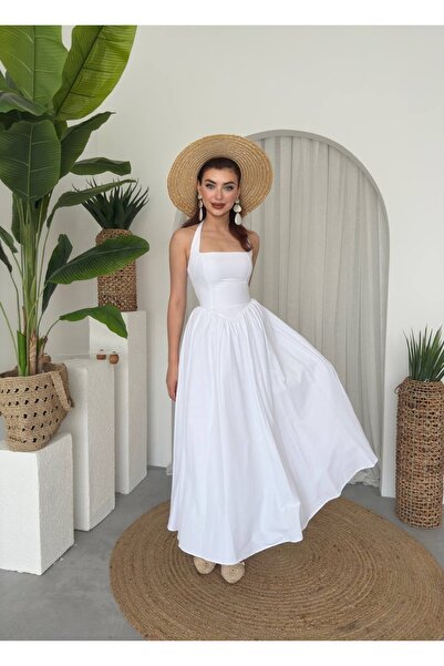 YURELİ Korsaj Detaylı Halter Yaka Prenses Poplin Maxi Elbise
