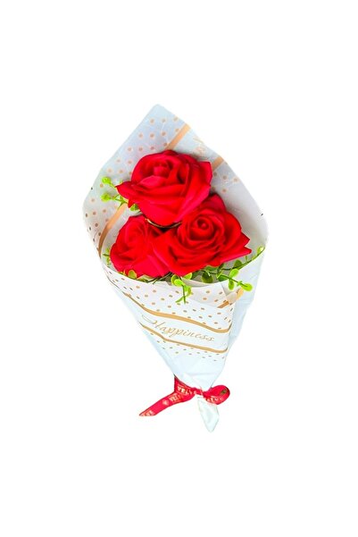 velve Buchet Bloom cu 3 trandafiri de sapun si plante artizanale, Rosu
