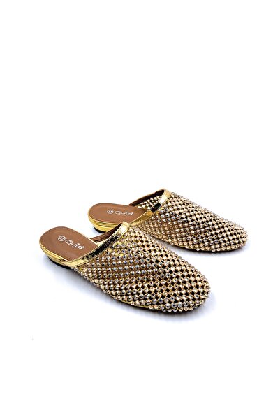 Guja 3 cm Mini Heeled Gold Color Women's Stylish Closed Toe Sabo Slippers wit...