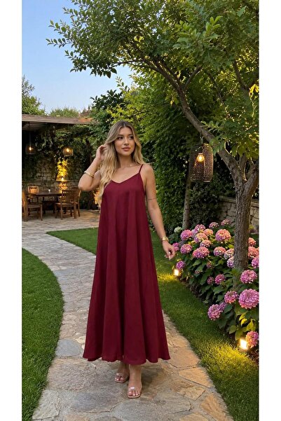 modadagiyim Burgundy Deep V-Neck Loose Dress with Adjustable Long Straps Over...