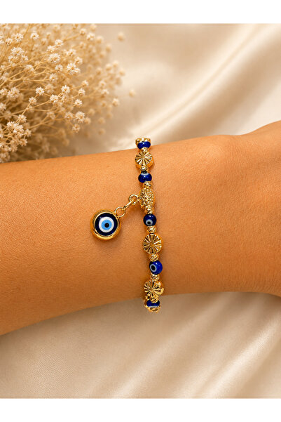 Azrua Gold Flower Detailed Evil Eye Beaded Women's Bracelet, Elastic Bracelet...
