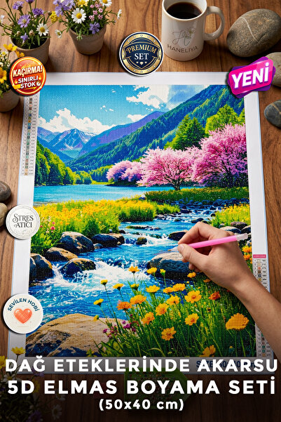 Haneliya Dağ Eteklerinde Akarsu - 5D Diamond Painting - Elmas Mozaik Tablo Bo...