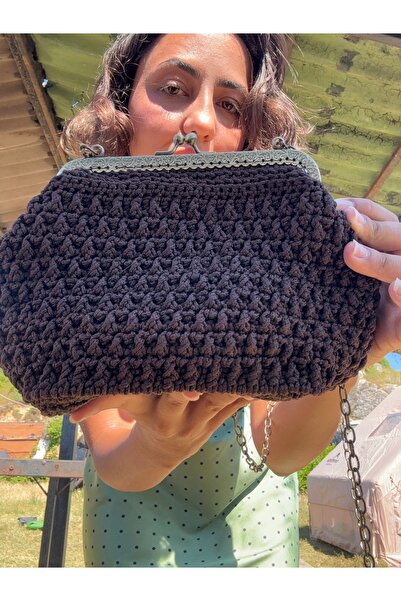 Elias Studios El Örgüsü Kahverengi Clutch Çanta Metal Çerçeveli Zincir Askılı...