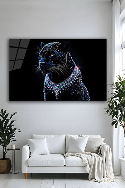 Parıltı Yayınları Kara Panter Kristal Taşlı Yatay Cam Tablo Lüks Modern Salon...