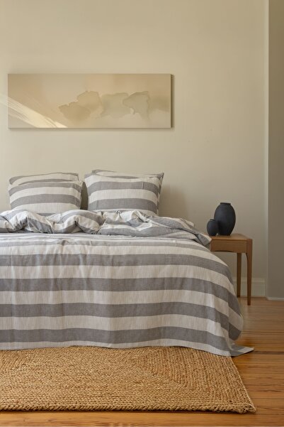 Bej Home Striped Bedspread Set Gray Color Double Size 100% Cotton 220X240