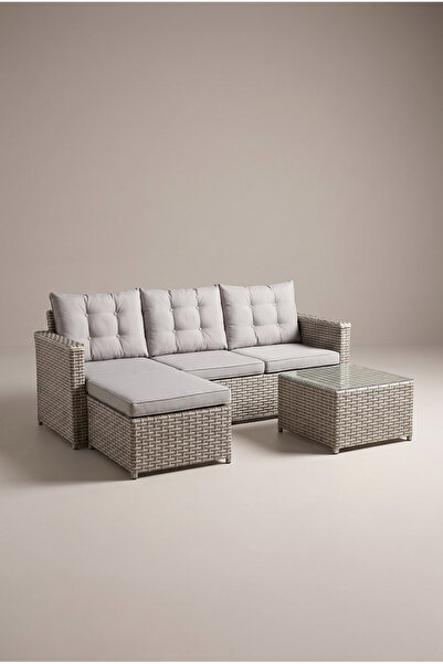 huteras Bahçe Köşe Takımı Rattan L Gri Daybed Şezlonglu Cam Sehpalı Minderli ...