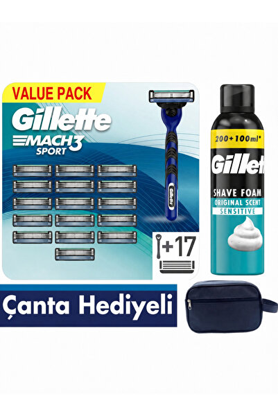 Gillette Mach3 Sport 1 Makine+17 Tıraş bıçağı + 300 Ml Köpük +Çanta Hediye