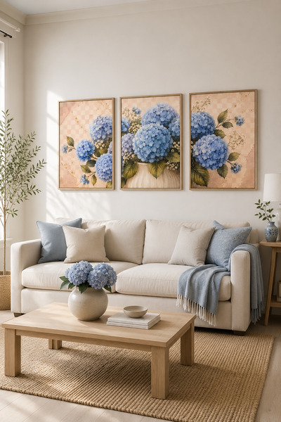 ARTI HOME Mavi Ortanca Çiçeği Temalı 3’lü Ahşap Dekoratif Tablo Seti – Botani...