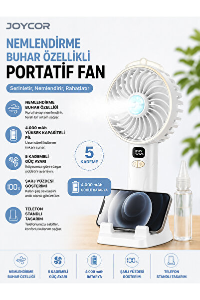 JOYCOR MistAir F5 Nemlendirme Buharlı Portatif Vantilatör 4000 mAh 5 Kademeli...