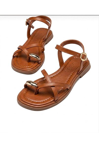 lady classy Women's Gold Ring Detailed Ankle Strap Flip-Flop Sandals