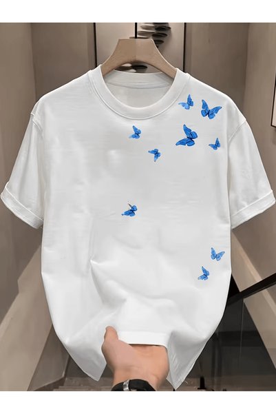 one button Tricou Premium Oversize cu imprimeu Mini Fluturi Albastri