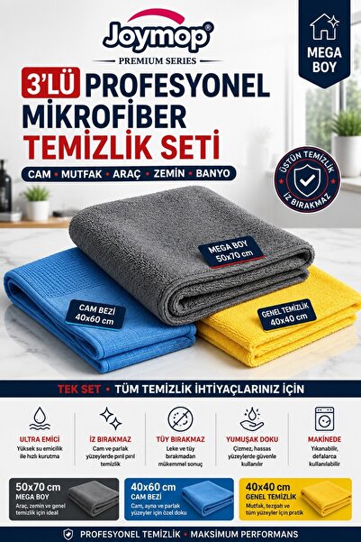 JOYMOP Profesyonel 3’lü Mikrofiber Bez Seti – Mega Boy, Cam Bezi ve Genel Tem...
