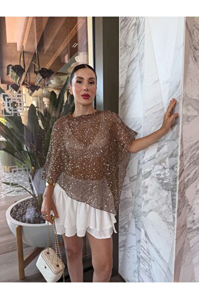 YK FASHION File Detaylı Işıltılı Bluz