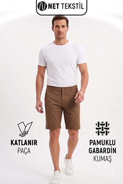 Net Tekstil Men's Gabardine Shorts Brown Cotton Foldable Leg Pockets