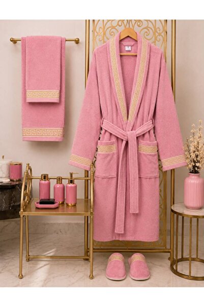 ars aras home textile 100% Cotton Velvet Bathrobe Set 4 Pieces - Greek Patter...