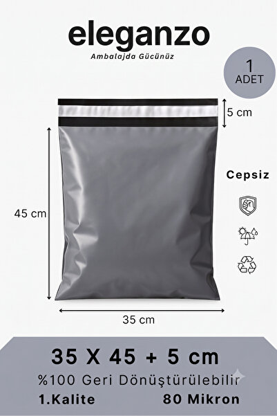 eleganzo Cepsiz Kargo Poşeti 35x45x5 cm Gri 80 Mikron Orta Boy Kalın İç Göste...
