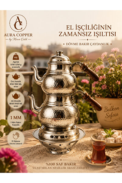 AURA COPPER Gaziantep Geleneksel Büyük Boy Bakır Çaydanlık+ Balkon Sefalı El ...