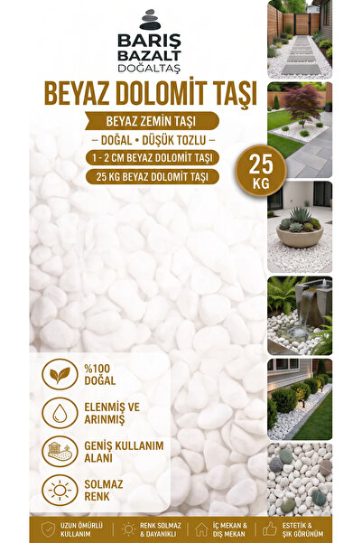 Barış bazalt doğaltaş Beyaz Dolomit Taşı 1-2 cm 25 KG- Doğal Dekoratif Bahçe ...