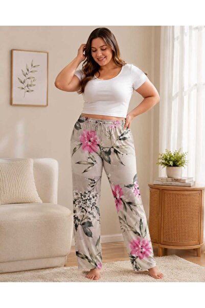 SevAte Handmade Büyük Beden Çiçek Desenli Rahat Kesim Süprem Kadın Pijama Alt...