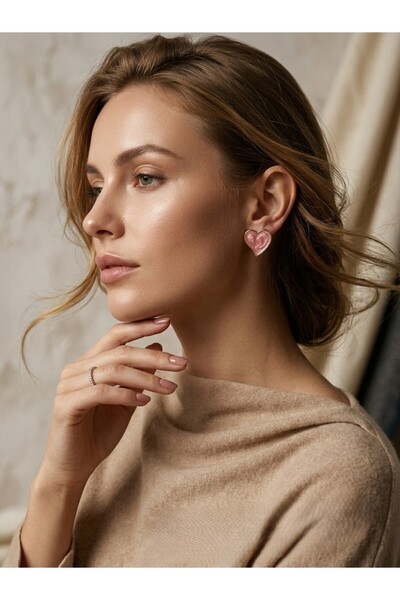Nuveria Pearlescent Pink Heart Earrings - Gold Framed Enamel Stud Earrings