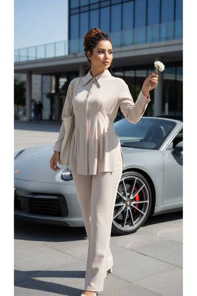 ASALEA Loose-Fit Shirt and Wide-Leg Pants Two-Piece Set Tansel Fabric