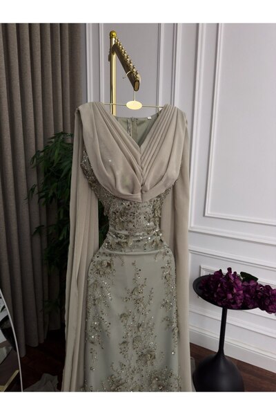 AMAZ Evening Dress with Tulle and Beaded Embroidery, Shawl Kloş.