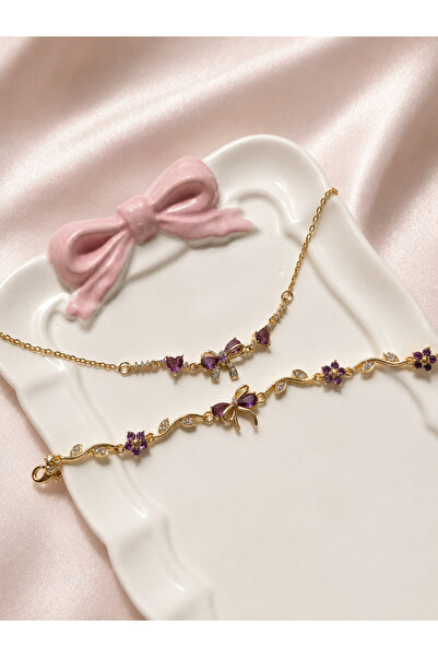 Home Purple Ribbon Set-Purple Ribbon Necklace and Bracelet Set