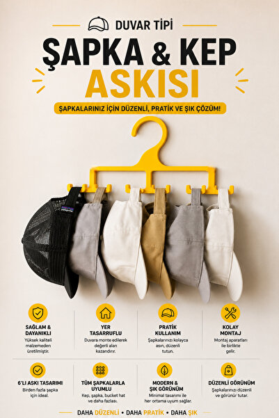 Genç 3D Duvar Tipi Şapka ve Kep Askısı - Koruyucu Siperlik Tasarımlı Şapka Dü...