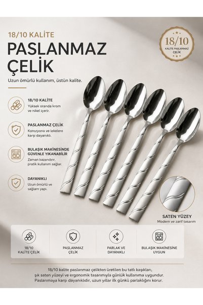 Ulus Home Dublin Satin Dinner Spoon 12 Pieces 18/10 Stainless Steel 3 mm 20 cm