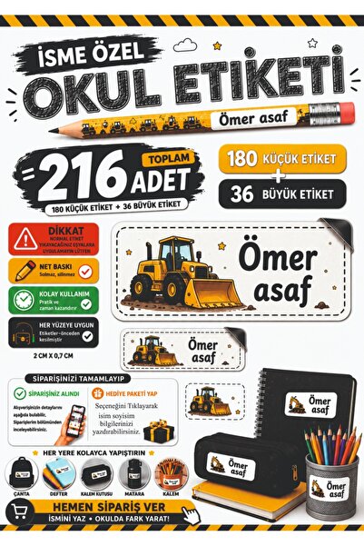 Joyygift İş makinaları inşaat temalı isim yazılabilen okul etiket stickeri ka...