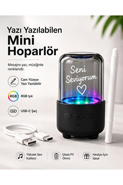 TEKNOKUTUM azı Yazılabilen RGB Işıklı Mini Bluetooth Hoparlör – Şeffaf Mesaj Panelli, Kalemli