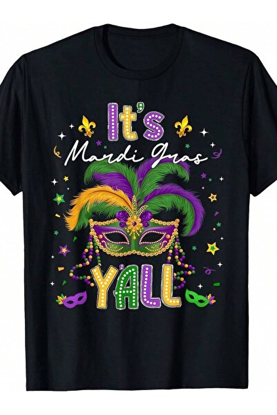01THEONE تي شيرت رجالي من Its Mardi Gras Yall ذو قناع مزين بالريش