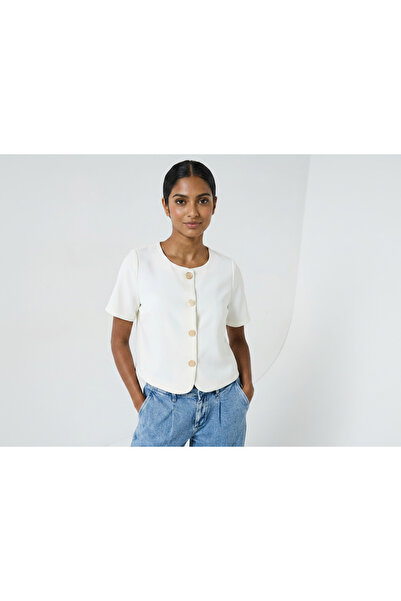 Merlot Short Sleeve Button Detailed Ecru Blouse