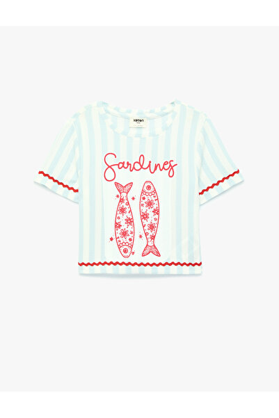 Koton Fish Print Short Sleeve Crew Neck Crop T-Shirt