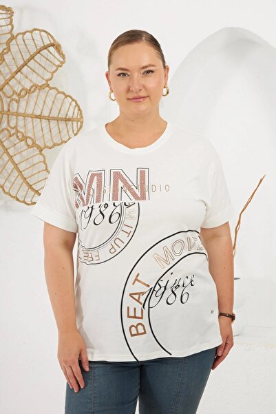 RMG Beat Move Printed Large Size 100% Cotton T-Shirt Ecru